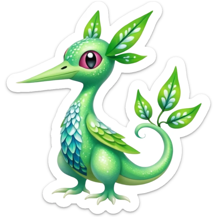 Sparkly White And Green Natural Flowery Colorful Grovyle-Swadloon-Celebi-Fakémon-hybrid-creature (full body)  sticker