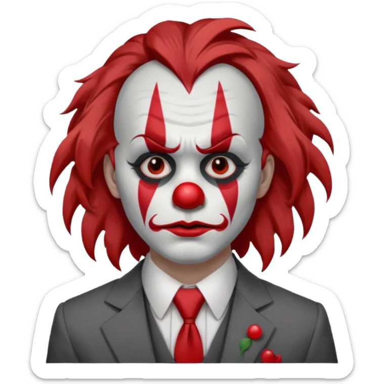 No wig, but long messy brown hair.

White face paint with red clown makeup and a red nose.

Wearing a gray suit with a tie.

Expression is sad and serious, resembling a clown with a more human-like look. sticker