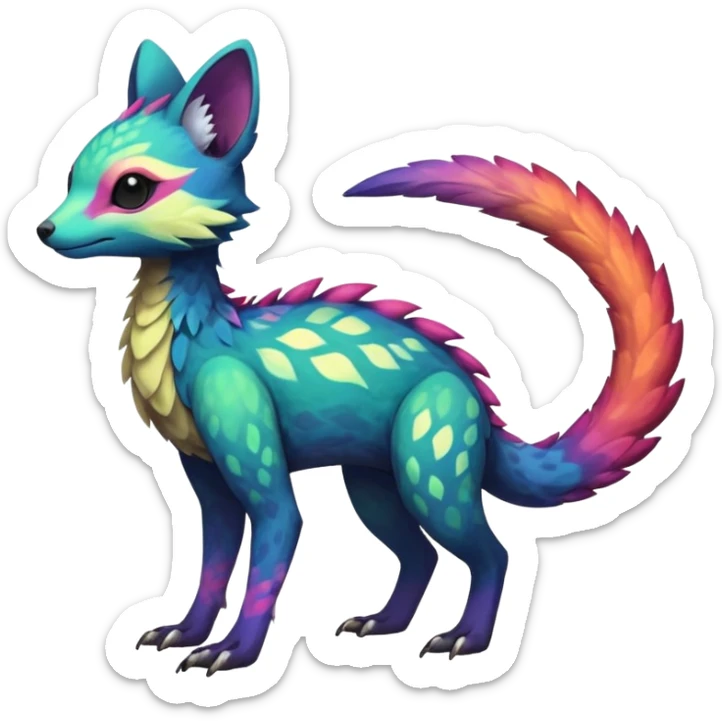 Rare realistic exotic edgy epic pretty beautiful handsome gorgeous aesthetic colorful vibrant Vernid-Trico-species-Fakemon-creature by LiLaiRa, 4 legs, 1 tail, random markings, (full body) sticker