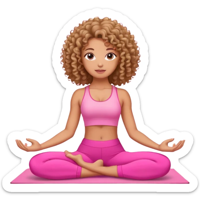 Uma mulher de cabelo cacheado, usando roupa de yoga rosa, em uma posição de yoga bonitinha  sticker