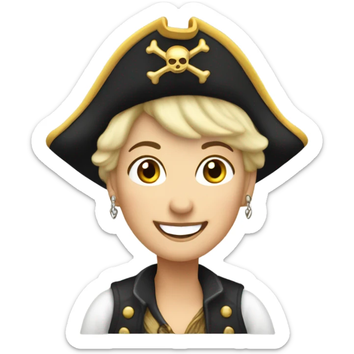 smiling older white woman with earrings and short blond hair wearing  pirate hat sticker
