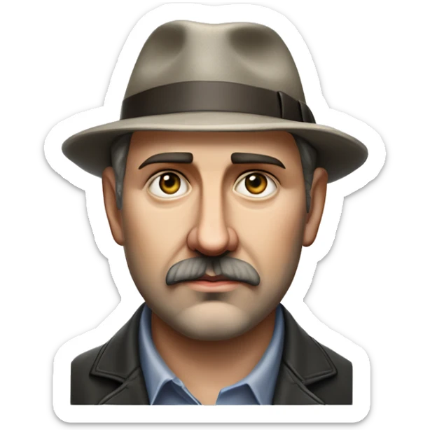 Russian book writer Alexander Kuprin Photorealism A plump serious man of Slavic appearance with Small eyes with goatee beard and mustache, with a  short haircut, big detailed face, wrinkled face, wearing a fedora hat sticker