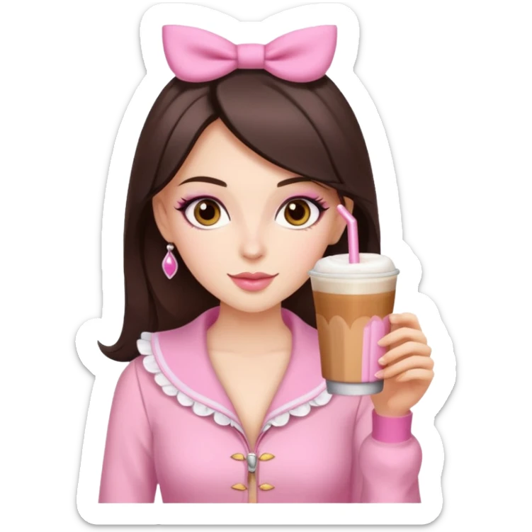 white brunette with brown eyes and a pink coquette outfit, drinking a caramel machiatto sticker