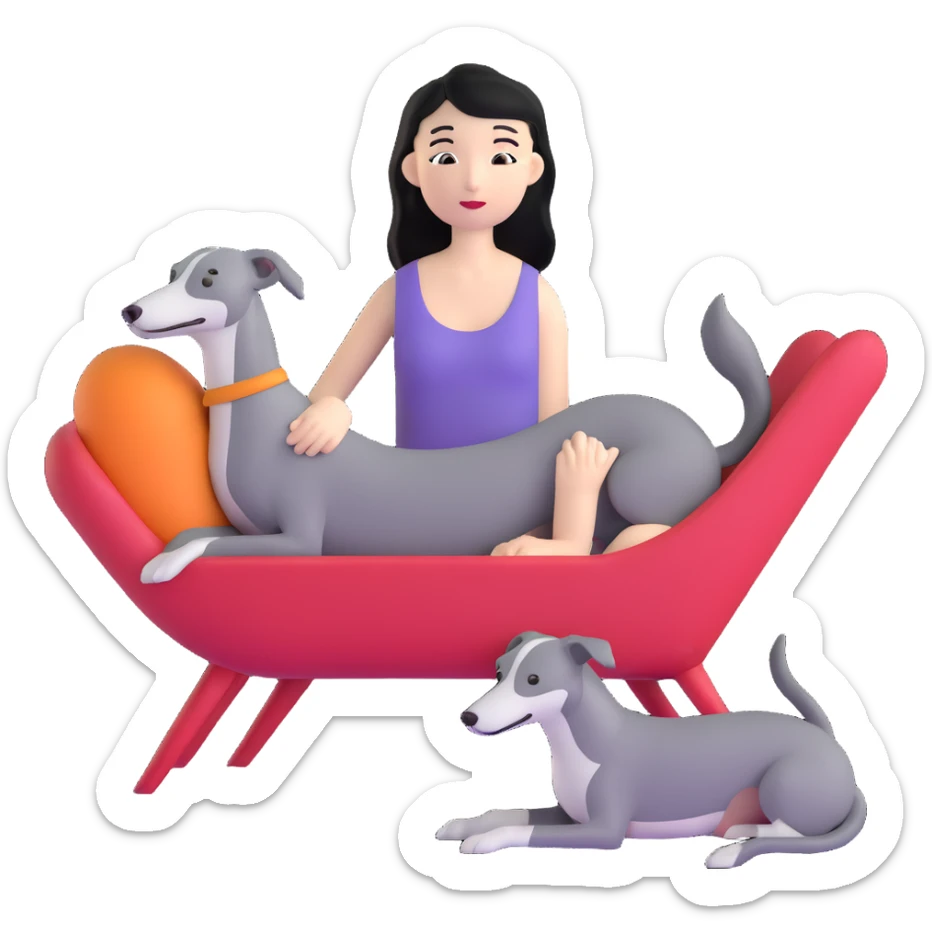 Very thin Chinese woman with long black hair relaxing in a luxurious hotel suite with exactly ONE whippet dog. EXTREME IMPORTANCE: the whippet must be ONE SOLID MEDIUM GREY COLOR (not too dark, not too light) from nose to tail with ABSOLUTELY NO WHITE MARKINGS anywhere - NO white on face, NO white on muzzle, NO white on chest, NO white on paws, NO white on tail - NOTHING BUT A SINGLE SHADE OF MEDIUM GREY throughout the entire animal sticker