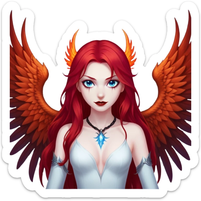 full body portrait of an extremely diabolical girl with pale white skin, massive towering wings, very long flowing blood red hair, glowing blue eyes, black hellfire aura, no horns, evil grin, no necklace sticker