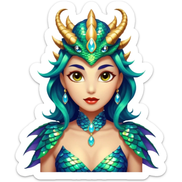 A gorgeous dragon woman with glittering jeweled scales covering her body and face. She has large almond shaped eyes, lush lips, and she wears a stunning luminescent gown. sticker