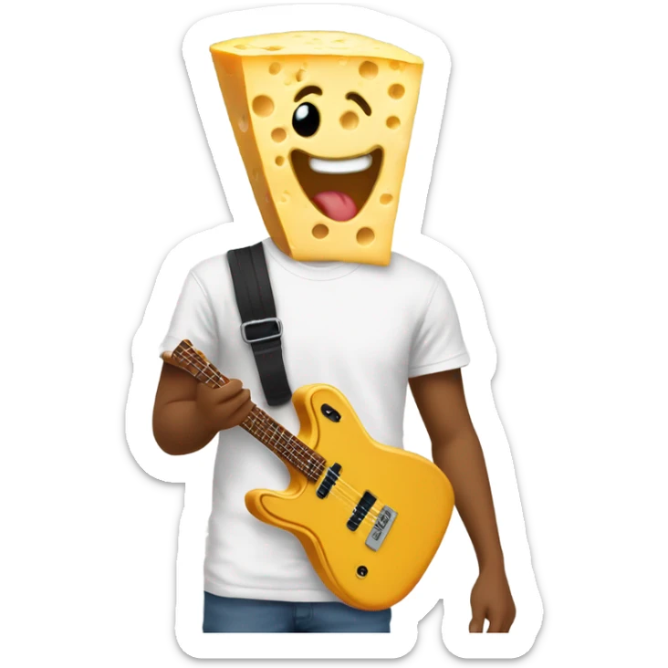 A slice of cheese with a goofy face wearing a band t shirt  sticker