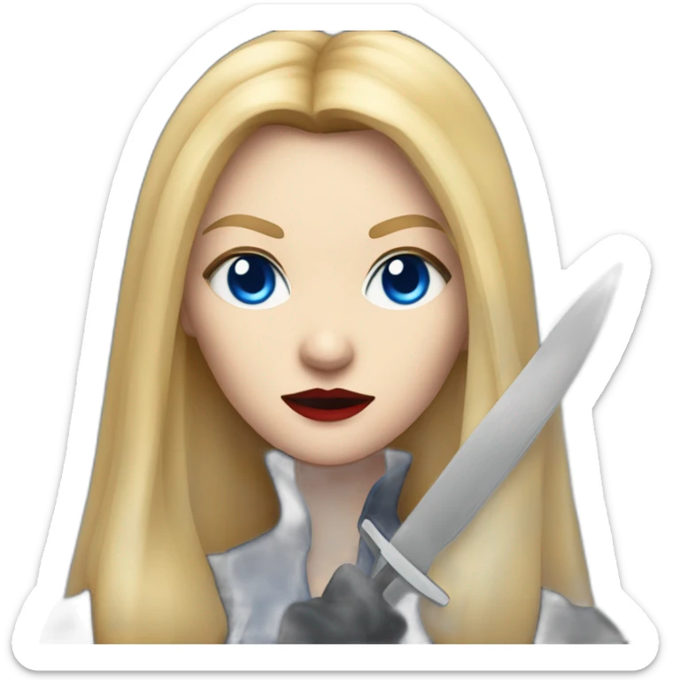 beautiful vampire spy woman with long blonde hair and blonde straight bangs and blue eyes wielding knives serious expression sticker