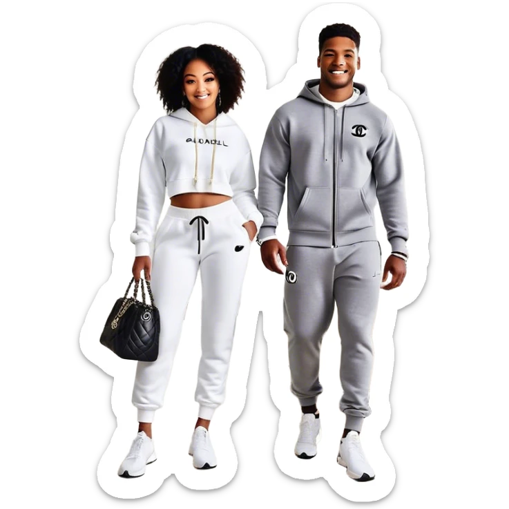 Man living his dream standing in the master bedroom of a mansion. He’s boo’d up with a pretty Brownskin big booty woman wearing a Chanel outfit with her holding a Chanel bag. The man has on a Nike Tech Fleece sweatsuit. The man isn’t holding a bag sticker