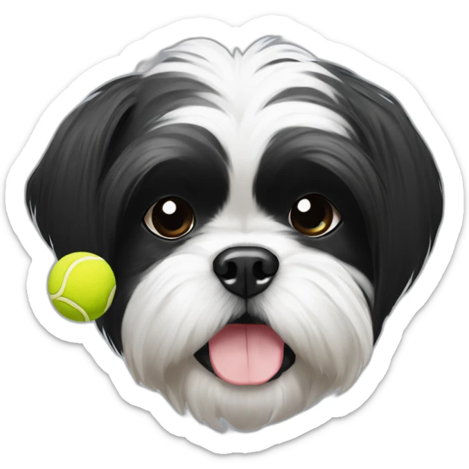 shih tzu dog black and white with a tennis ball in mouth sticker