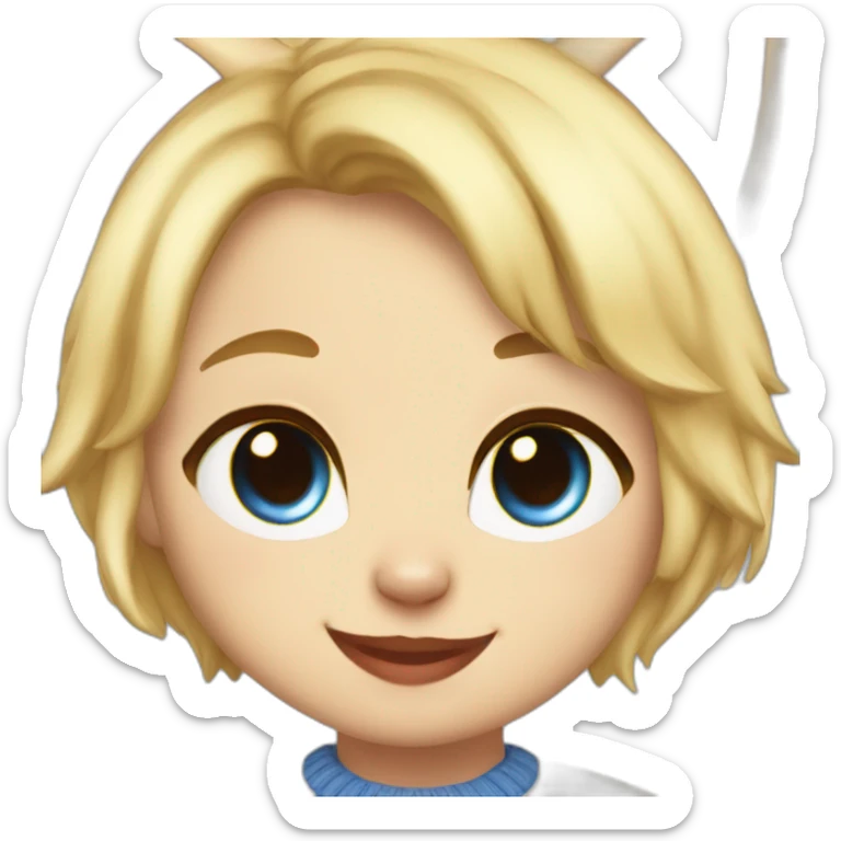 blonde-haired cat girl massive bright red eyes, cat smile, wearing a white sweater and a blue skirt sticker