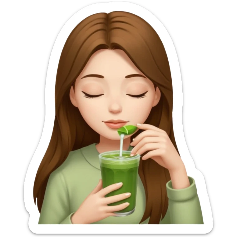 White girl with long  brown hair eyes closed enjoying matcha drink  sticker