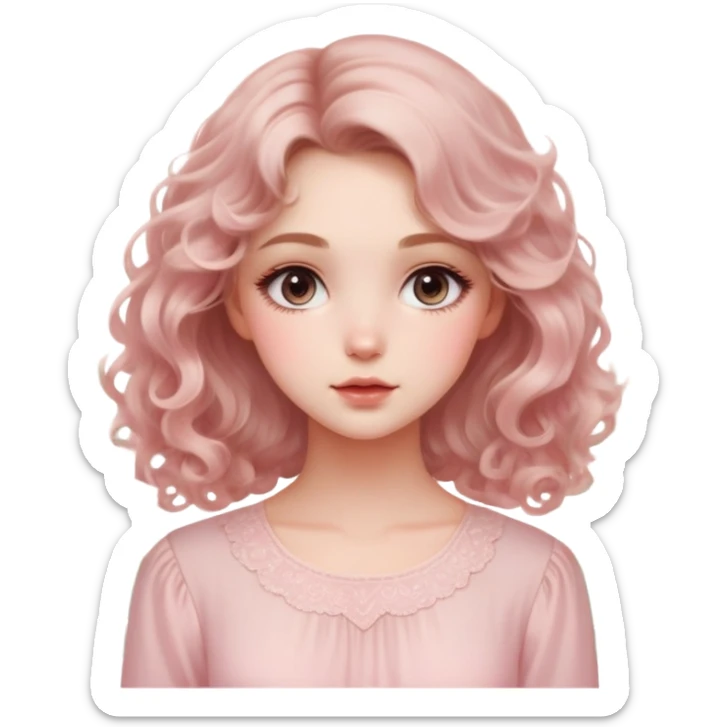 A portrait of a beautiful girl with soft curls, wearing a light pink blouse and soft makeup. She has an ethereal, dreamy expression, with a blurred floral backdrop sticker