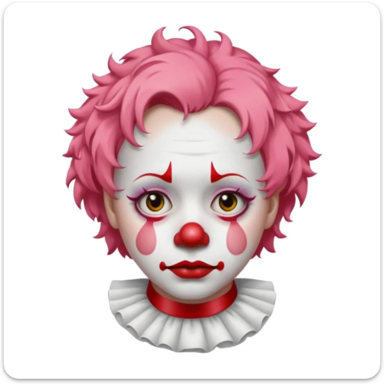 close-up portrait of a sorrowful clown emoji, white face paint, red nose, minimalist makeup, single tear, short curly pastel pink hair, simple ruffled collar, soft lighting, polished finish, white background sticker
