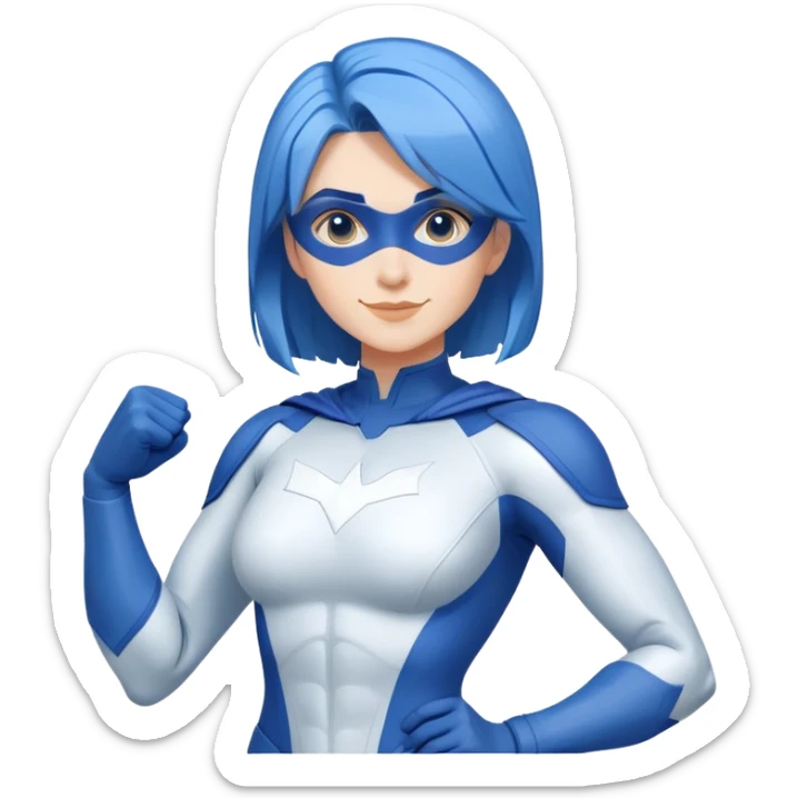 Emoji of a friendly woman with blue hair (no mask), wearing a minimalist blue and white superhero suit with broad shoulders. The suit has a large blank area on the chest for a logo, uses only blue and white colors, and has minimal details. The image shows from head to mid-chest. Cheerful expression sticker