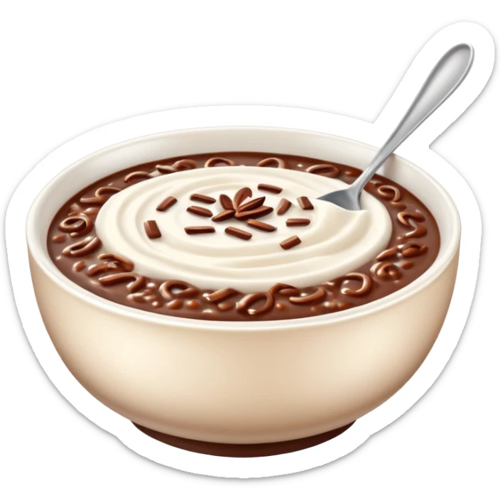 realistic emoji of champorado, chocolate rice porridge in a bowl, glossy surface, creamy milk swirls, and a spoon, highly detailed and lifelike sticker