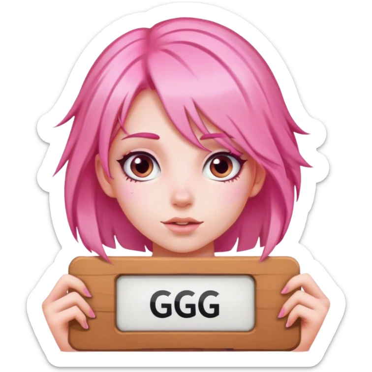 girl with pink hair, big sign, sign says GG sticker