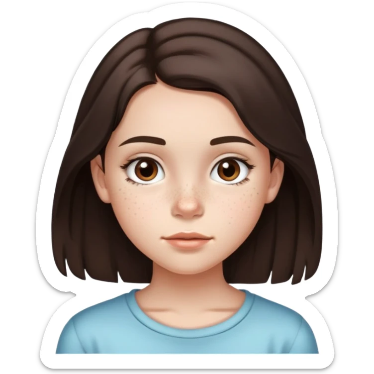 13 year old girl with mid length dark brown hair with minimal highlights, freckles, big forehead and nice lips sticker