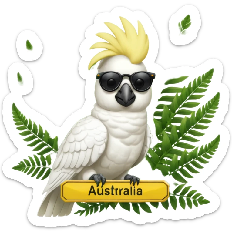 sulfer crested cockatoo wearing sunglasses sitting in a green fern tree with an australian street sign saying 'cockatoo' sticker