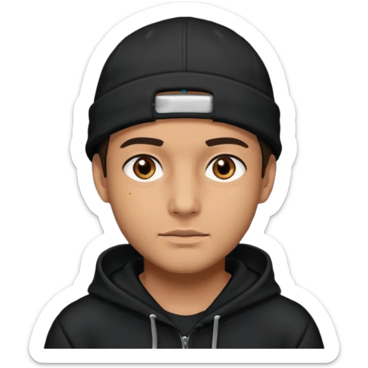 Guy wearing a black hoodie and a black cap his eyes hunter eyes brown and his skin white but tanned  sticker