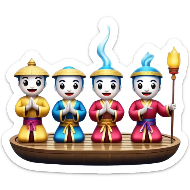Cinematic Realistic Water Puppetry Emoji, depicted as a whimsical scene of traditional water puppets performing on a reflective water stage, rendered with vivid textures and dynamic playful lighting that captures its enchanting charm. sticker
