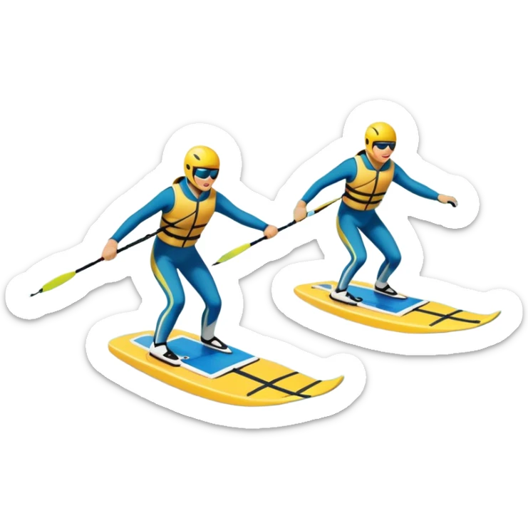 A humanless icon showing a close-up pair of water skis skimming across the surface of a lake in motion. The design includes a wake behind splashing water, and the sun reflecting on the water. Transparent background highlights the speed and thrill of water skiing. sticker