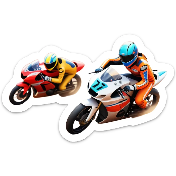 A sleek racing car and motorcycle speeding on a track, leaving a trail of dust behind. The scene captures the thrill of high-speed competition, with blurred motion and vibrant colors, highlighting the dynamic energy of motorsport. sticker