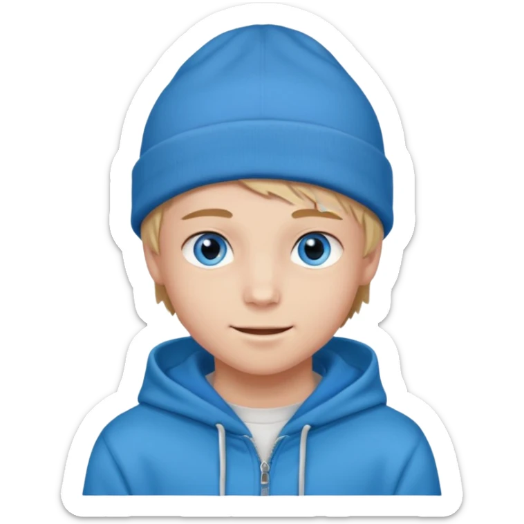 handsome and young teen pinterest boy good at fashion. popular among 'that brat girl', wearing hoodieand beanie with blue eye  and little smile sticker