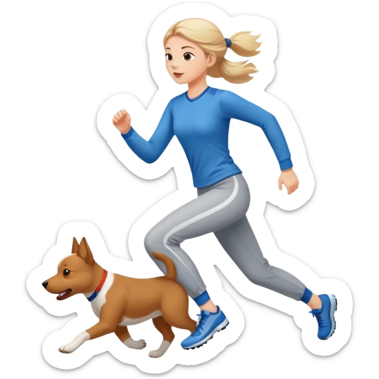 A beautiful girl with fair skin wearing sports long-sleeved shirt and long pants chasing a dog sticker