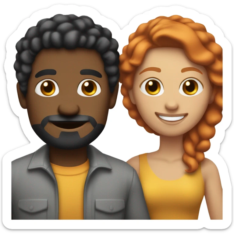 Emoji of a light-skinned red-haired woman and a dark-skinned man with black power hair, mustache, and goatee, holding hands and smiling in a minimalistic style, showing a friendly bond. sticker