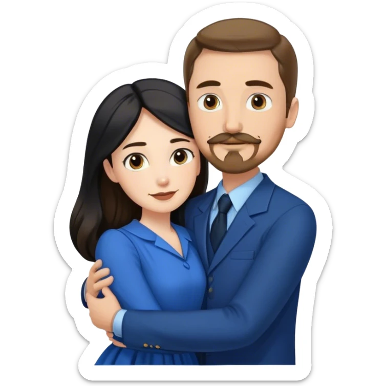 tall white man with brown hair goatee mustache hugging a pale woman with long black hair, wearing blue formal clothing sticker