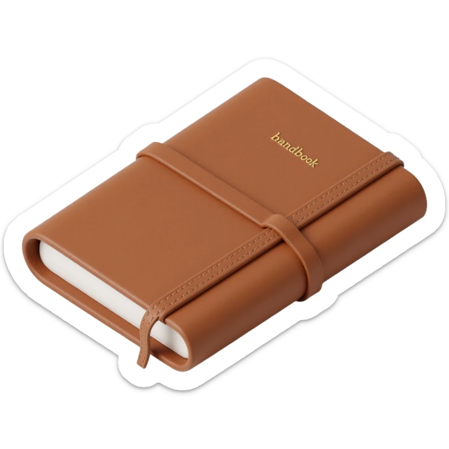 leather-bound notebook with stitching and 'brandbook' written on it, skeuomorphism icon style sticker