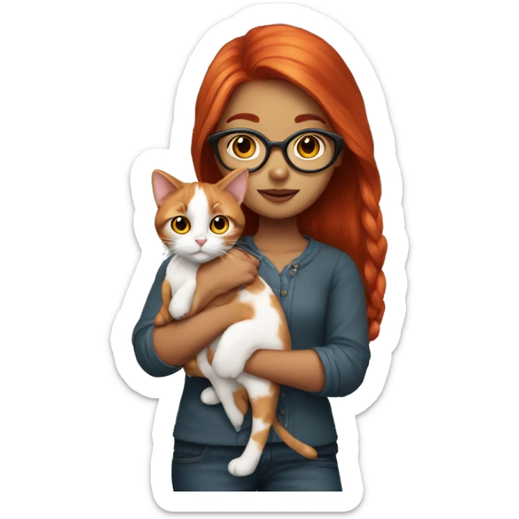 Red head girl with glasses holding calico cat sticker