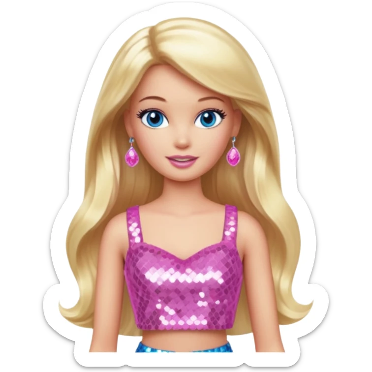 Barbie from Barbie & Friends with blue eyes, long blonde hair, pink sequin crop top sticker