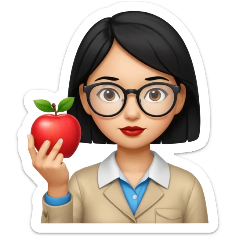 Guatemalan Girl with Black hair and Nerdy Glasses sticking up pointer finger, holding an apple. tan skin sticker