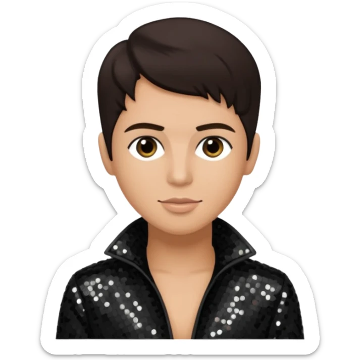 Frankie Zulferino, Pop Singer (b.1990) with dark brown hair, black sequin outfit, light tan skin sticker