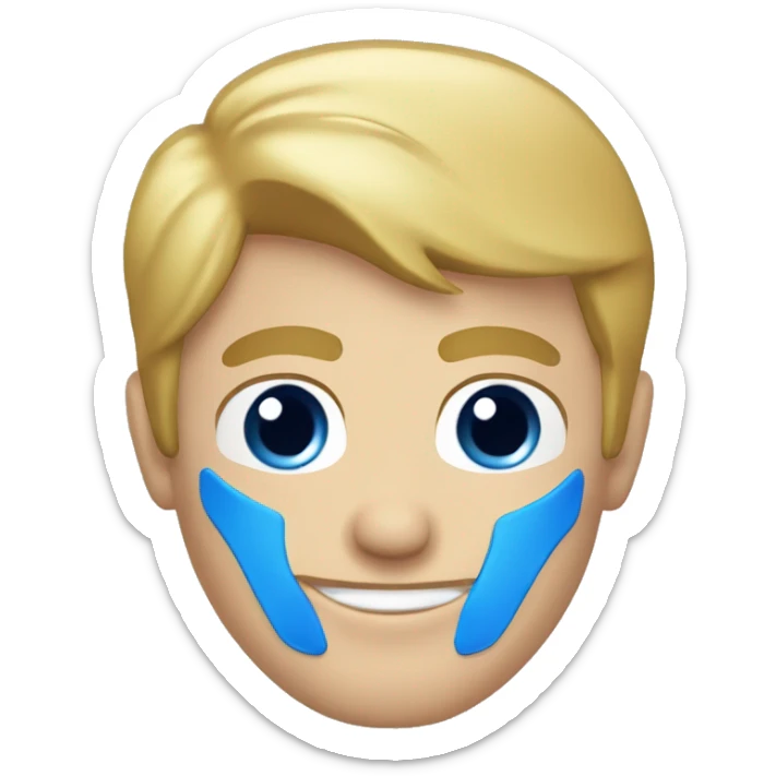 A head and shoulders shot of a 33 year old white man, with short blonde hair,   with blue eyes wearing a t-shirt. sticker