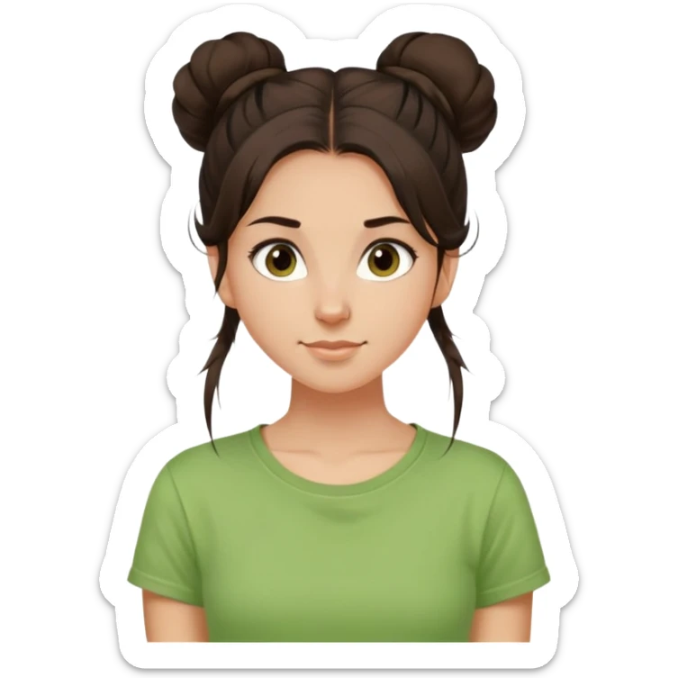 a girl with long dark brown hair with one high disheveled bun in light green t-shirt, a slight smile, dark brown eyes sticker