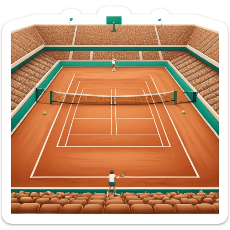 A tennis court at the Roland Garros tournament, with the iconic clay surface and a tennis ball bouncing near the net. The scene evokes the energy and excitement of the grand event, with vibrant crowds in the stands and a competitive atmosphere. sticker
