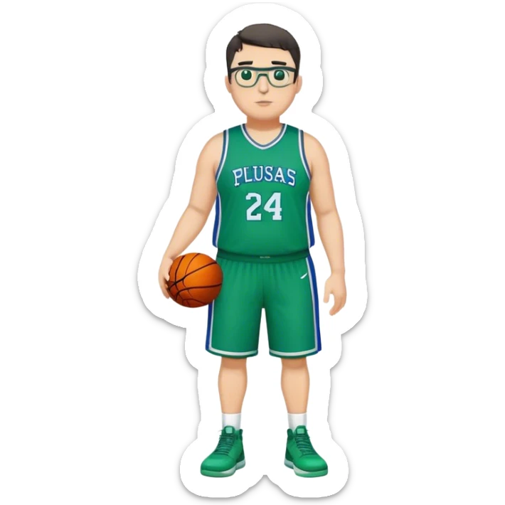 Full Body plus size tall white male with dark short hair basketball player wearing glasses wearing blue  with green uniform sticker
