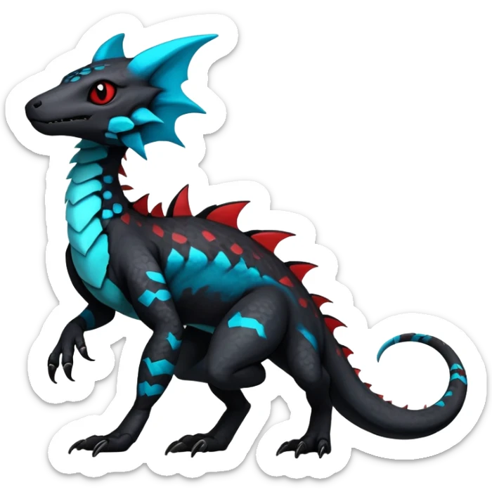 Rare realistic exotic edgy dark gothic gloomy spooky black and red/blue/cyan epic pretty beautiful handsome gorgeous aesthetic colorful vibrant Vernid-Trico-species-Fakemon-Salandit-hybrid-creature by LiLaiRa, 4 legs, 1 tail, random markings, (full body) sticker