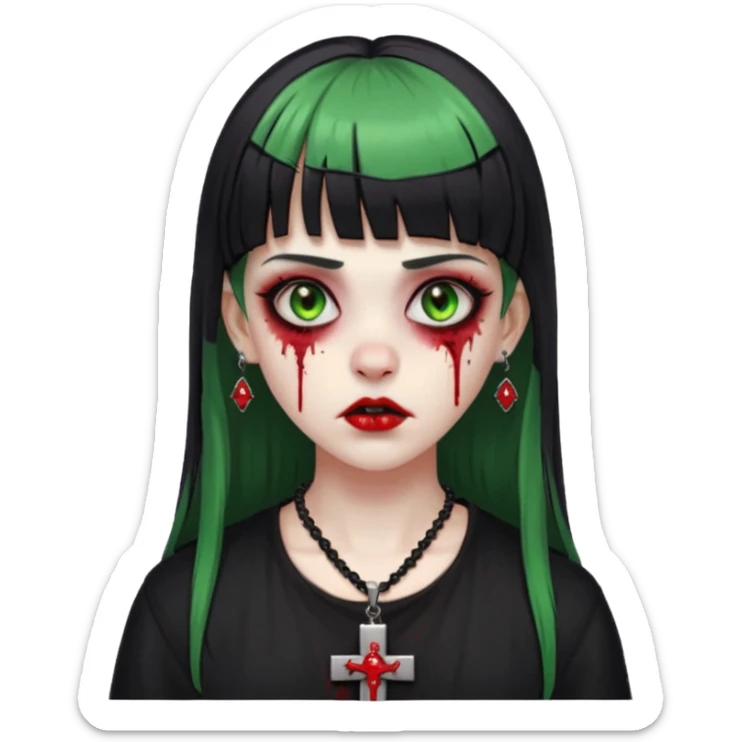 zumbi verde com olhos vermelhos sangrando e franja roupa preta e um crucifixo como colar, sem ser na testa e um piercing no nariz bem feminino a franja reta também  sticker