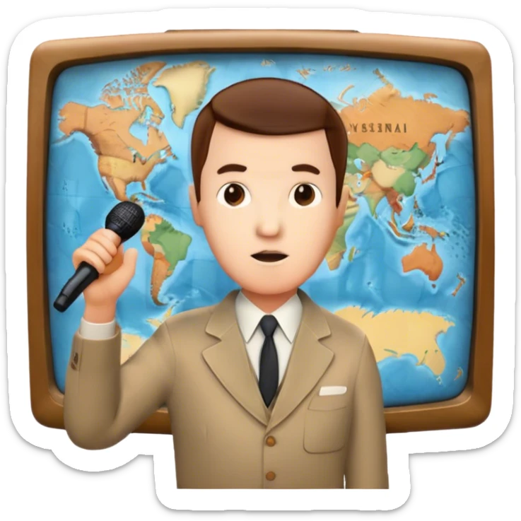 Icon for Documentary Film (TV style): A large vintage TV screen with a serious-looking host standing in front of a map. The host holds a microphone, and the map displays historical or geographical information. Retro TV broadcast style. Transparent background. sticker