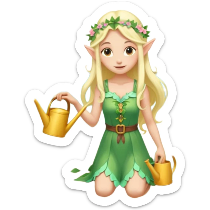 elf female tending to glowing beach plants, floral sundress, watering can or magic light, pointy ears, gentle smile, centered emoji, pastel magic sticker