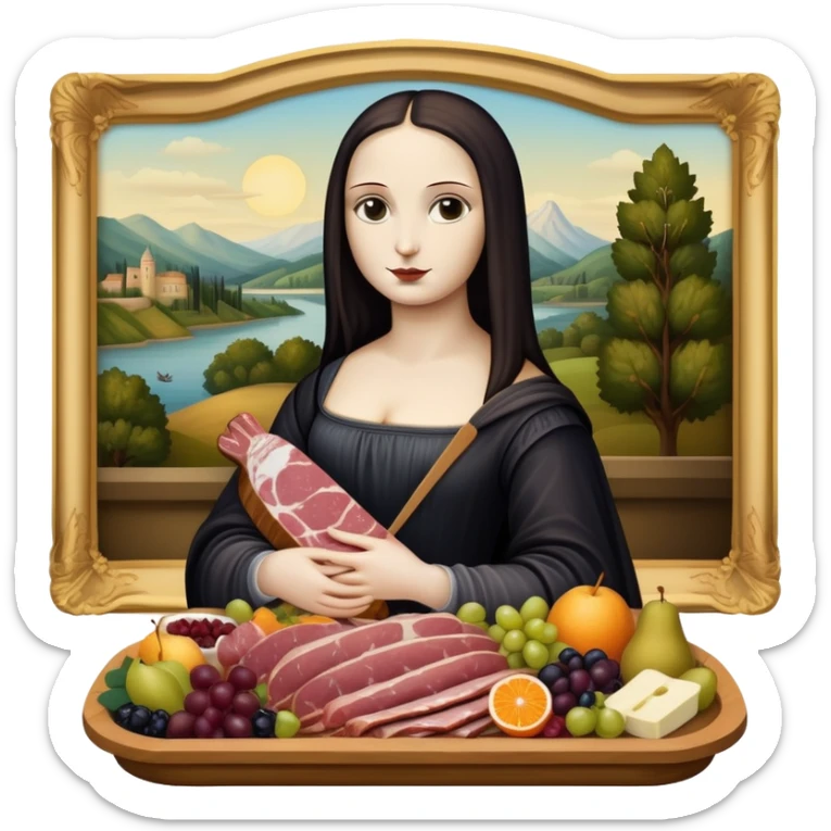  goth mona lisa with SPAM MEAT charcuterie and fruit tray renaissance landscape sticker