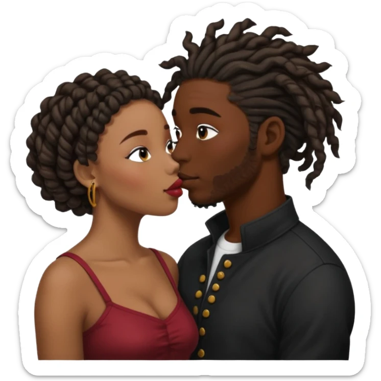 black boyfriend with dreadlock kissing black girl with curly bun sticker