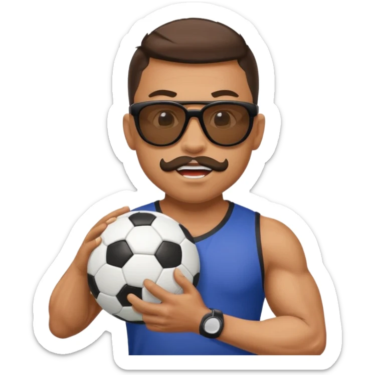 Cane muscoloso con occhiali da sole con un pallone da calcio in bocca sticker