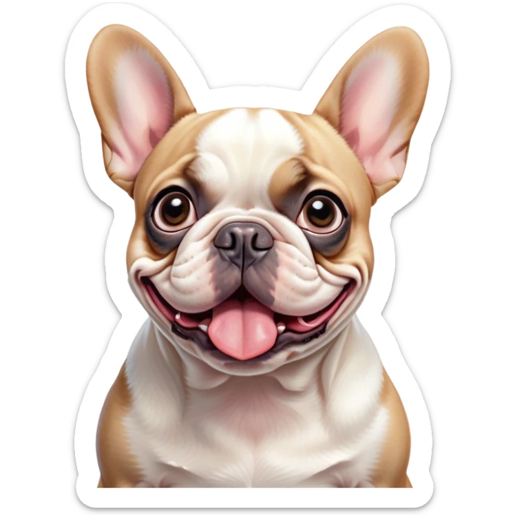 Cinematic Comical Pied French Bulldog Portrait Emoji, Head tilted with an exaggeratedly shocked, comical expression and wide, humorously expressive eyes, showcasing a distinctive pied fur of contrasting hues and a charmingly goofy face, simplified yet hilariously detailed, glowing with a sassy, playful radiance, high shine, exuding a mischievous and meme-worthy charm, styled with a soft glowing outline, capturing the essence of a Pied French Bulldog that looks ready to spark a viral laugh! sticker