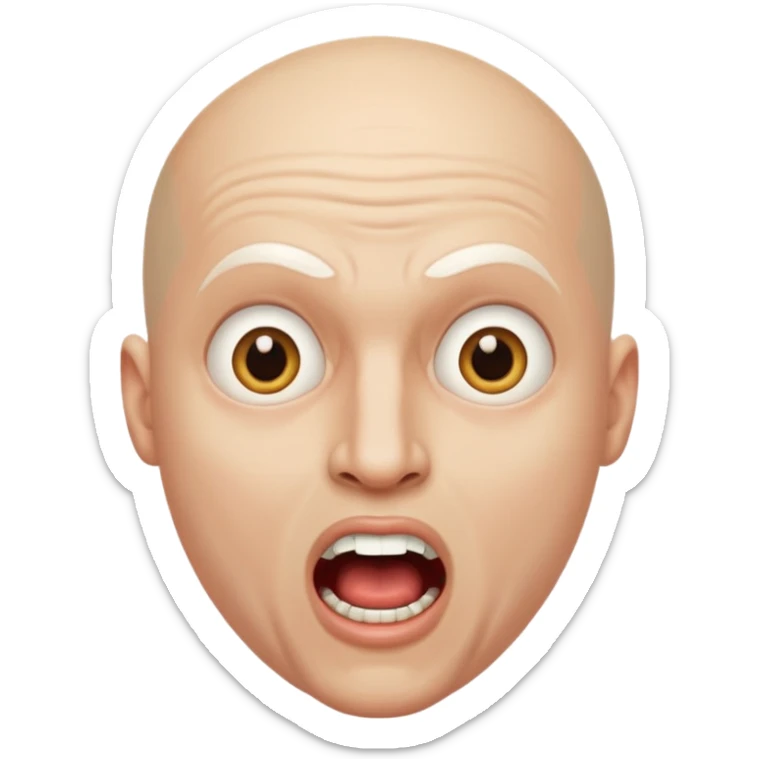 Cabaret portrait of a bald man with a whitened face and made-up eyes and mouth, a huge, wide-open mouth and a startled look sticker