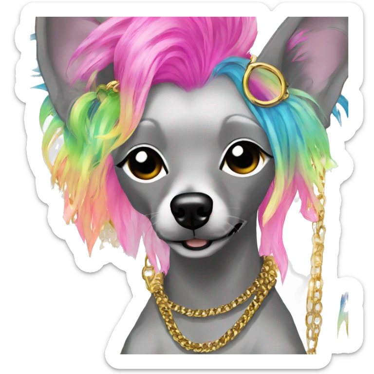 Punk Chinese crested dog neon rainbow hair gold chain piercings tattoos ear piercings sticker